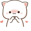 A white cat with blushing cheeks holding its paws together in a shy, bashful gesture with small hearts nearby.