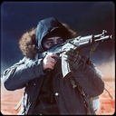 Soldier in a dark hooded jacket aiming a rifle with a serious expression.