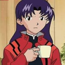Misato Katsuragi looks at the camera with a skeptical expression while holding a white coffee mug.