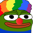 Pepe the frog with a smug expression wearing a rainbow clown wig and a red clown nose.