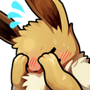 A brown furry creature with long ears covering its face with its paws while blushing with a blue sweat drop symbol above its…