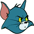 A cartoon cat with blue fur and yellow eyes looking sideways with a suspicious and annoyed expression.
