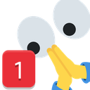 Googly eyes looking at a red notification badge with the number one next to hands pressed together in prayer.
