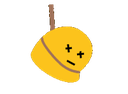 A yellow blob character with a deadpan expression and a stick poking out of its head.