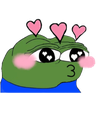 A green frog character with heart-shaped eyes and pink cheeks puckering its lips to blow a kiss with floating hearts.