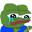 A green frog with large, teary eyes and a downturned mouth, holding its hands up in a gesture of distress.