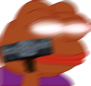 Frog character with glowing white eyes swinging a motion-blurred hammer with an intense expression.