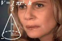 A woman wearing a confused expression with a cone geometry formula and the equation V equals one third pi r squared h over...