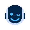 Robot head with a blue circular eye and a winking eye, smiling.