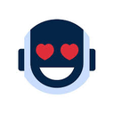Robot head with a wide smile and red heart-shaped eyes.