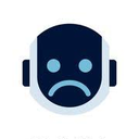Robot face with a sad expression and blue features.