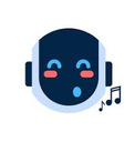 A blue robot with a happy expression and blushing cheeks whistling with music notes floating nearby.