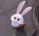 A small fluffy white rabbit with large, wide eyes looking upward while holding a carrot in its paws.