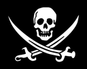 Skull and crossbones symbol featuring a white skull above two crossed swords on a black background.