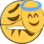 A yellow smiley face wearing a small mask with a halo to appear innocent while its true expression remains skeptical.