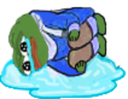 A green frog character lying face down in a large blue puddle of tears.