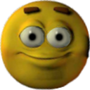 A yellow 3D emoji face with wide, unblinking eyes and a tight, forced smile.