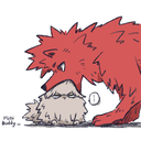 A large red wolf looms over a tiny, round, fluffy creature with a mischievous expression.
