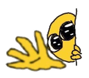 A yellow creature with large eyes peeking from behind a vertical edge while waving with a large hand.
