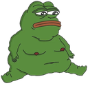 A rotund green frog with a neutral, tired expression sitting in a slumped position.