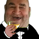 A man wearing a tuxedo and bowtie holds up a glass of champagne with a wide, smug grin.