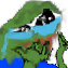 A distorted, pixelated face with large blue tears streaming down, appearing to melt into a puddle.