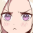 Anime girl face with a pout and purple eyes expressing annoyance.
