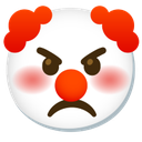Clown face with a bright red nose and hair showing an angry, scowling expression.