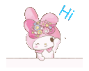 My Melody the rabbit waves and winks with the word Hi appearing above her head.