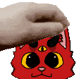 A human hand repeatedly petting the head of a cute, three-eyed red creature.