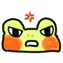 A cartoon frog with a grumpy, annoyed expression and bright orange cheeks.