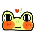 A cartoon frog with large eyes and orange cheeks wearing a small strawberry on its head.