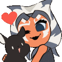 An orange-skinned alien character with white markings smiling while hugging a small black creature with a red heart floating…