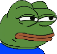 Pepe the frog looking sideways with a suspicious and skeptical expression.
