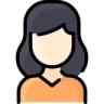 A stylized person icon with dark hair and an orange shirt on a black background.