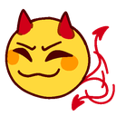 A yellow smiley face with red horns and a smug, mischievous expression.