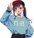 Anime girl wearing a baseball cap and blue sweatshirt waving her hand.