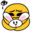 A yellow smiley face character hugging a small white bunny plushie with a gentle expression.