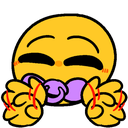 A yellow smiley face with a purple pacifier in its mouth waving its hands back and forth.
