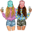 Two girls standing side by side wearing matching caps and stylish casual outfits.