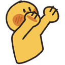 Yellow character with flushed cheeks reaching both arms upward with excitement.