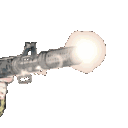 A pixelated firearm firing a bright white muzzle flash.