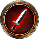 A silver sword with a glowing red aura inside a circular metallic frame.