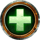 A glowing green cross symbol centered inside a metallic circular frame.