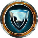 Shield emblem with a metallic blue finish inside a circular gold and silver frame.