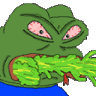 Pepe the Frog with bloodshot eyes vomiting a stream of green liquid.
