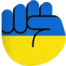 Raised fist colored with horizontal blue and yellow stripes.