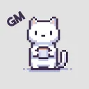 A Cat Holding a Coffee mug saying GM