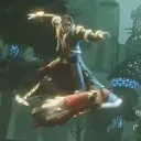 Emet-Selch riding G'raha Tia like a skateboard