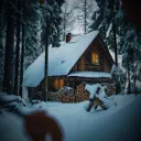 a cottage in a snowy wood.